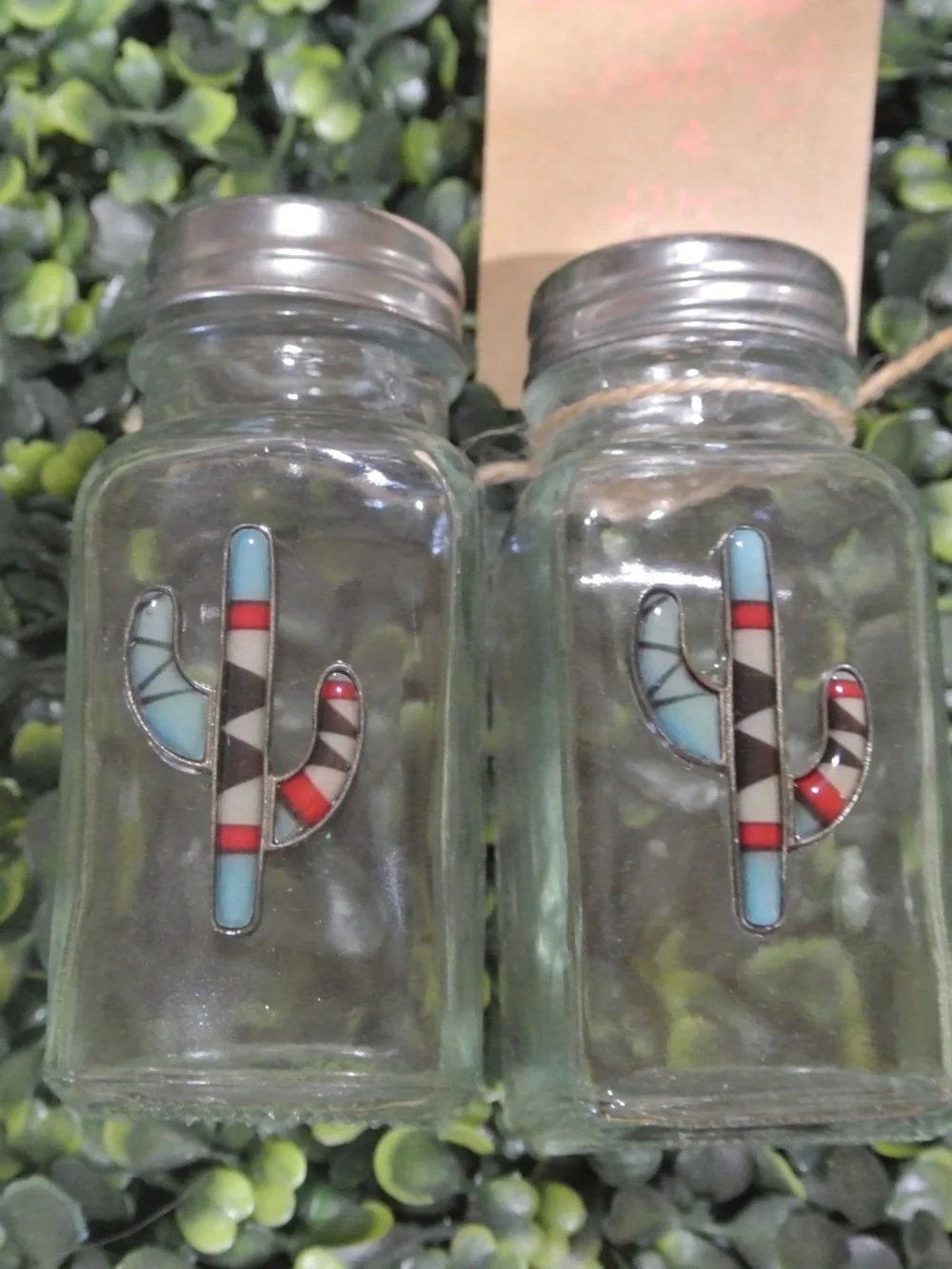 HANDMADE CACTUS AZTEC SALT AND PEPPER SHAKERS